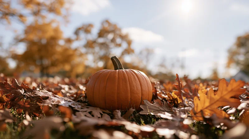 Orange pumpkin resting among scattered dry autumn leaves in a sunlit outdoor field