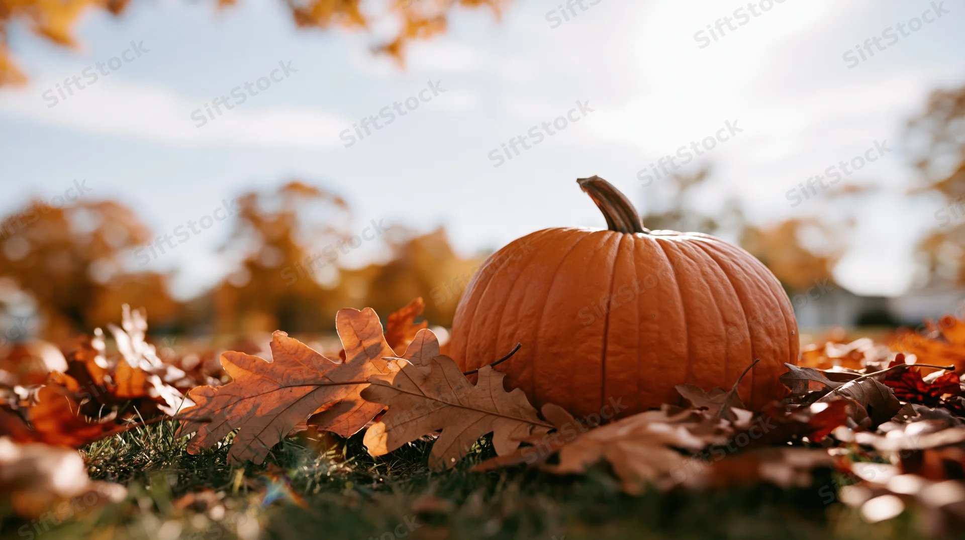 Orange pumpkin resting among dry autumn leaves on grass under sunlight