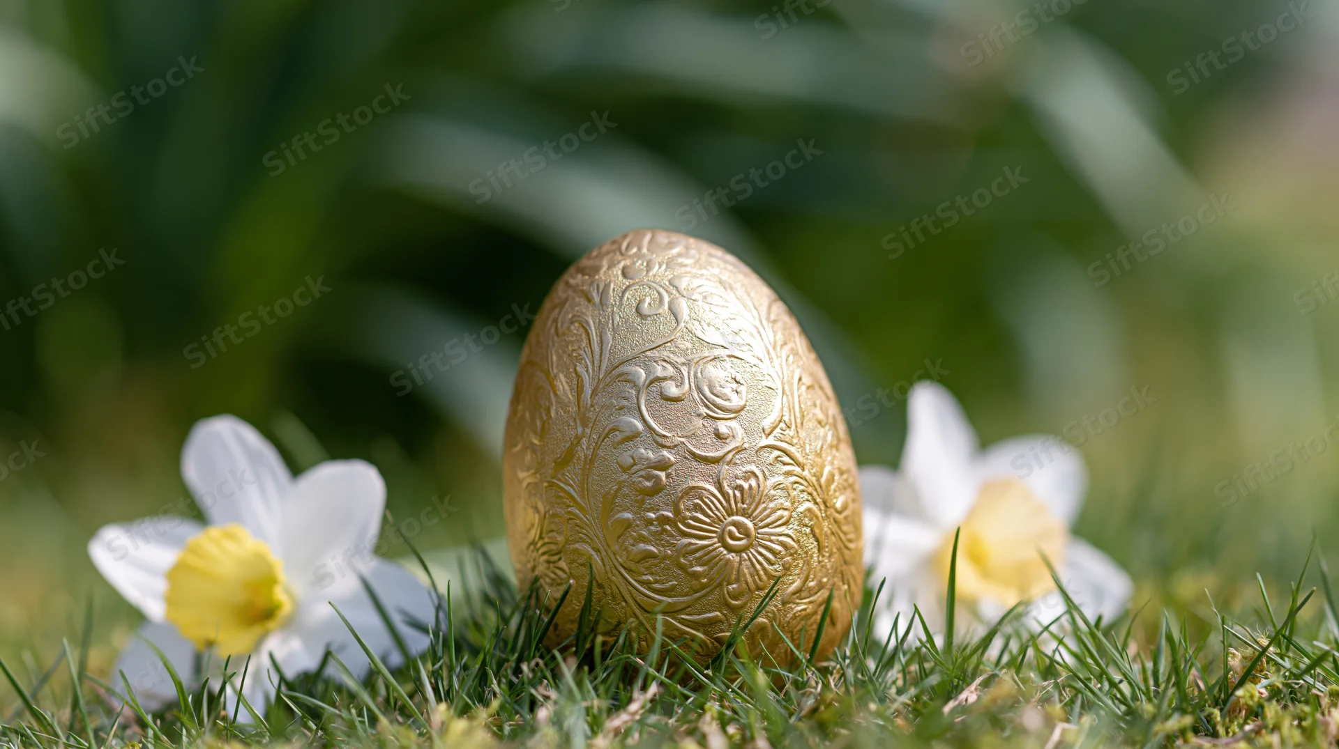 Ornate gold easter egg with embossed floral pattern resting on grass beside white daffodils