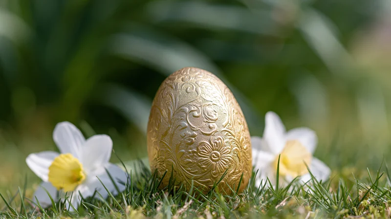 Ornate gold easter egg with embossed floral pattern resting on grass beside white daffodils