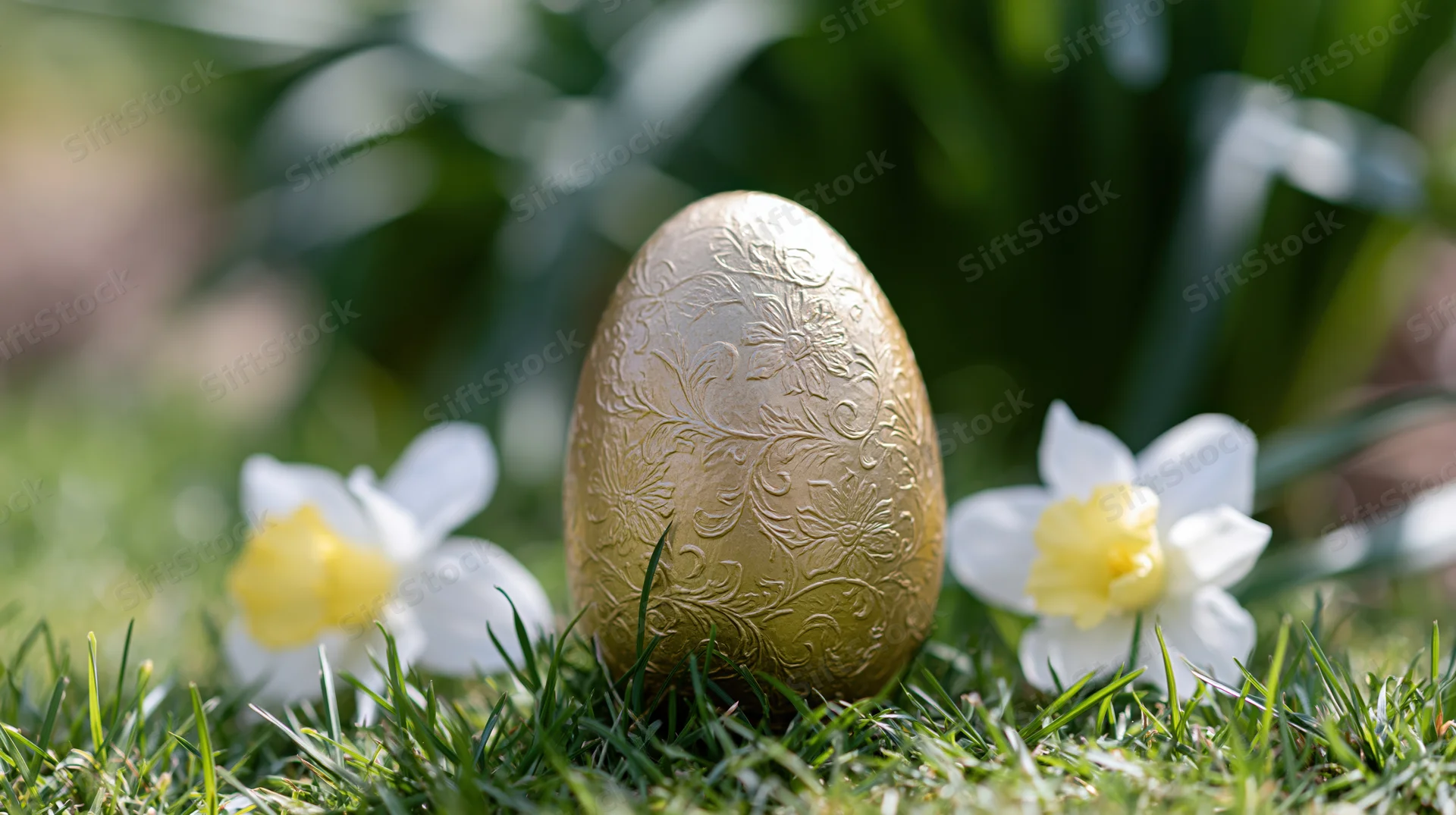Ornate gold easter egg with embossed floral pattern resting on grass beside white daffodils in a garden