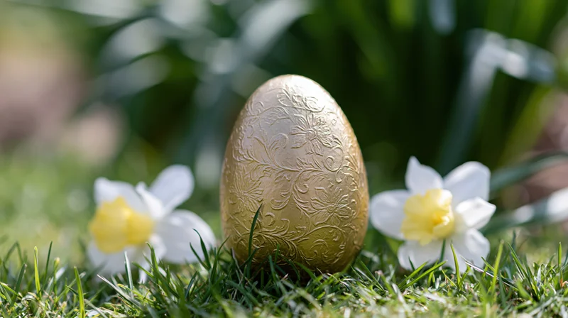 Ornate gold easter egg with embossed floral pattern resting on grass beside white daffodils in a garden