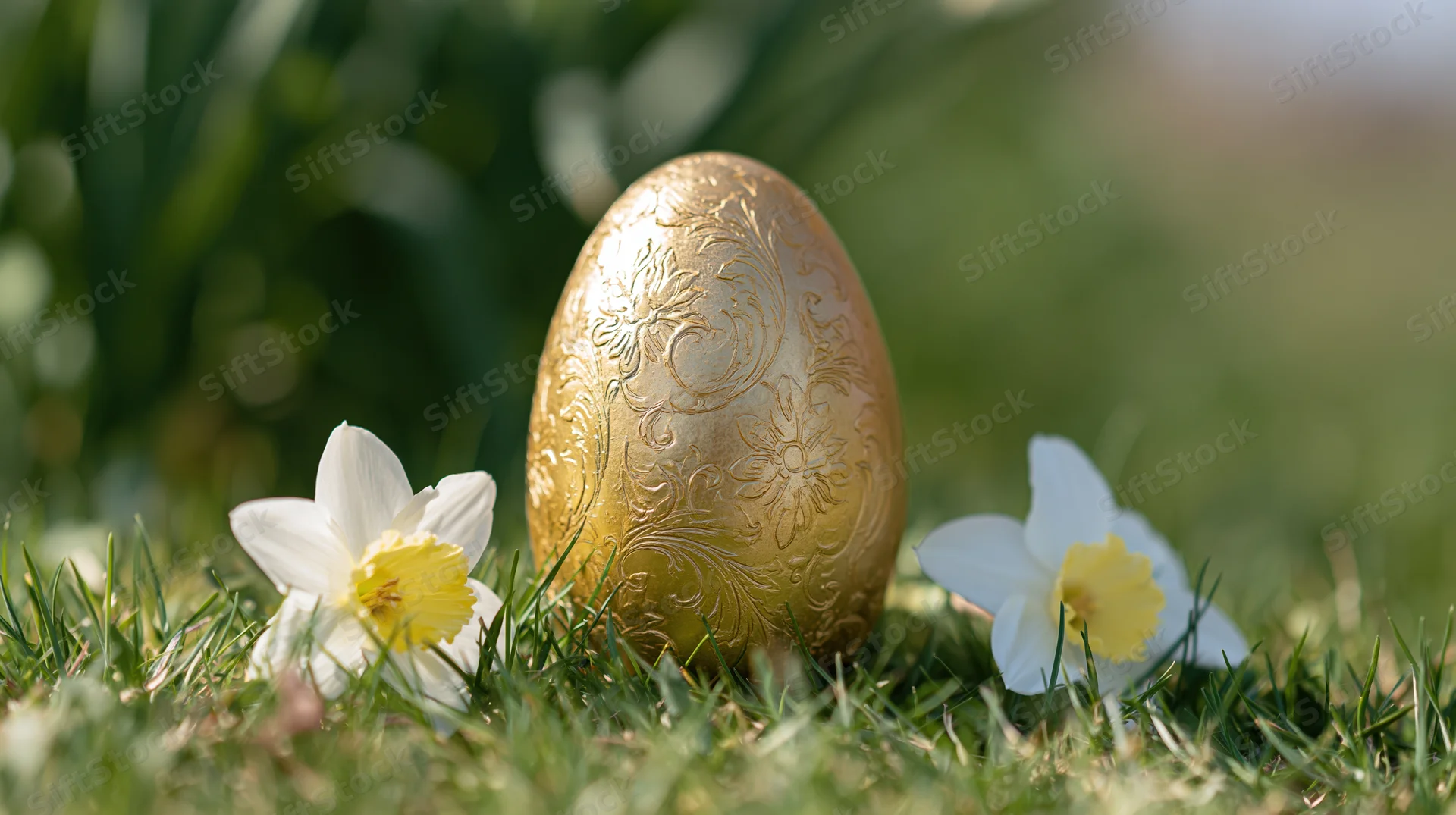 Ornate gold easter egg with embossed floral scroll design resting on grass beside white daffodils