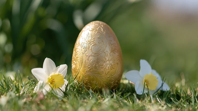 Ornate gold easter egg with embossed floral scroll design resting on grass beside white daffodils