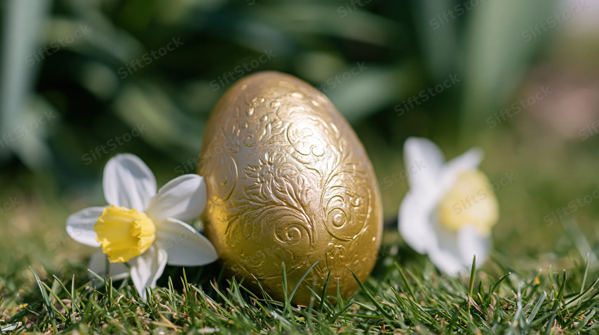 Ornate gold easter egg with embossed floral pattern resting on grass beside white daffodils