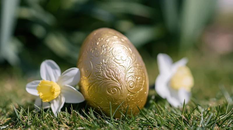 Ornate gold easter egg with embossed floral pattern resting on grass beside white daffodils