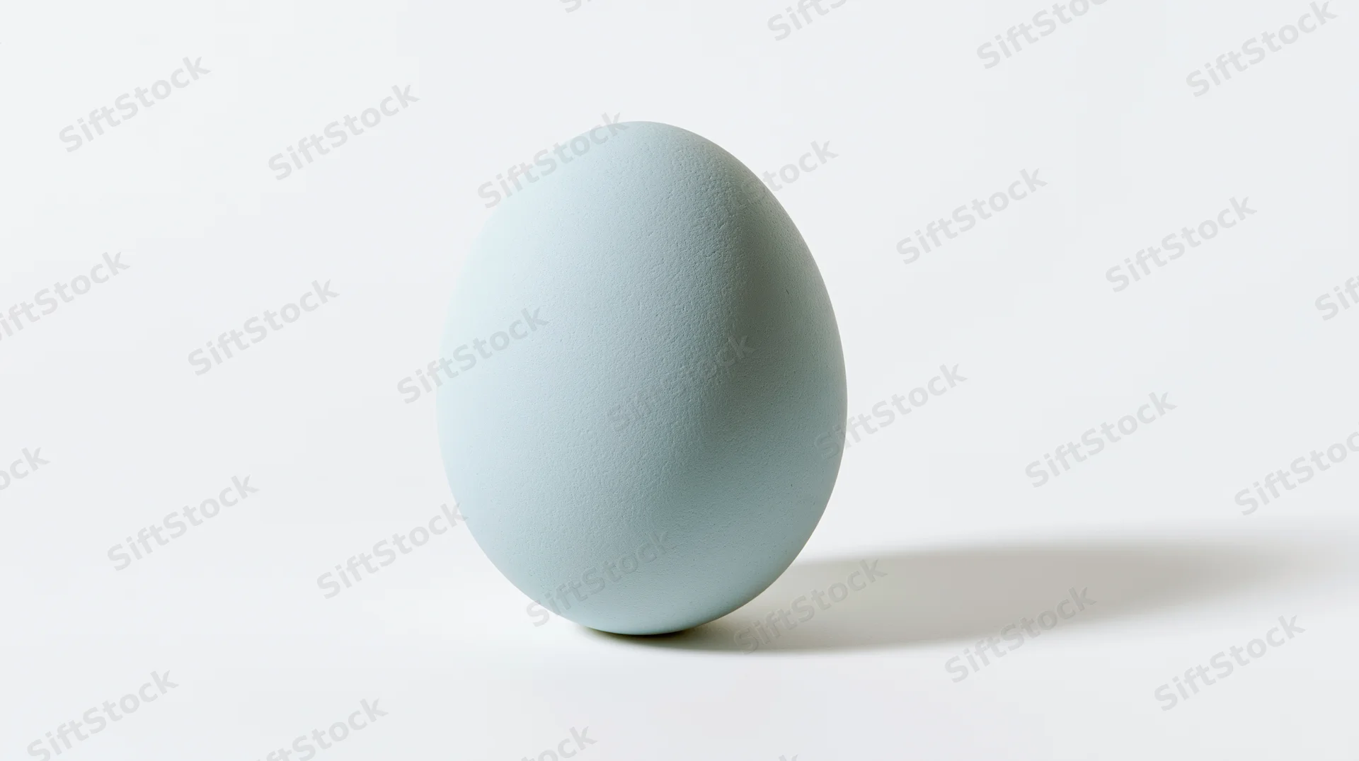 Pale blue egg standing upright on white surface with soft shadow
