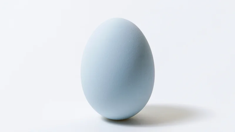Pale blue egg standing upright on white background