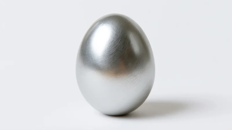 Polished silver metallic egg standing upright on white background