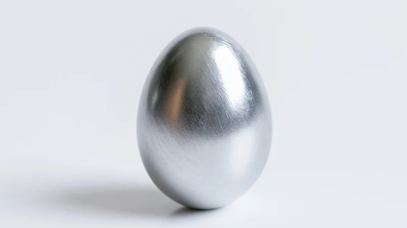 Polished silver metallic egg standing upright on white background