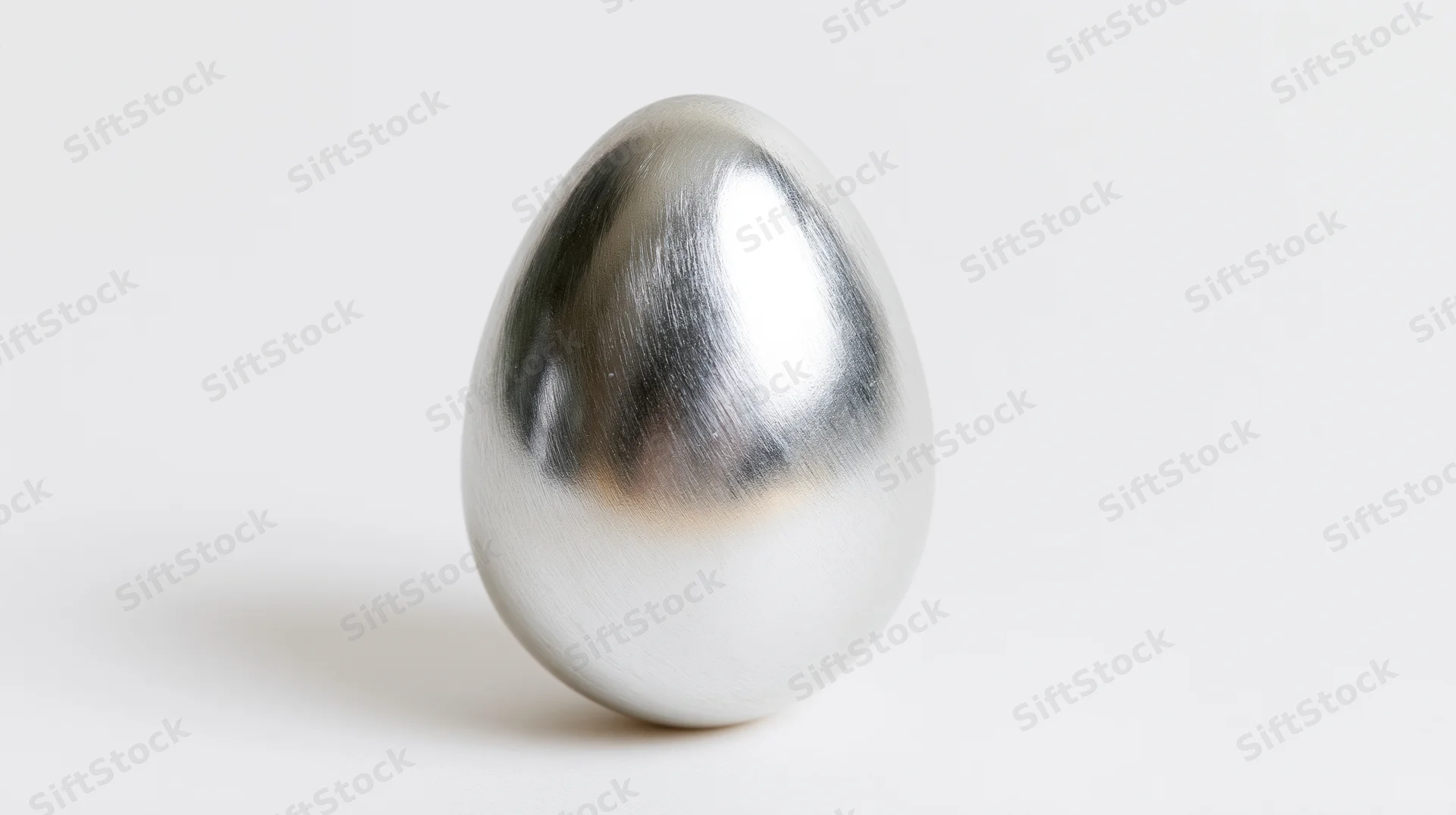 Polished silver metallic egg standing upright on white background
