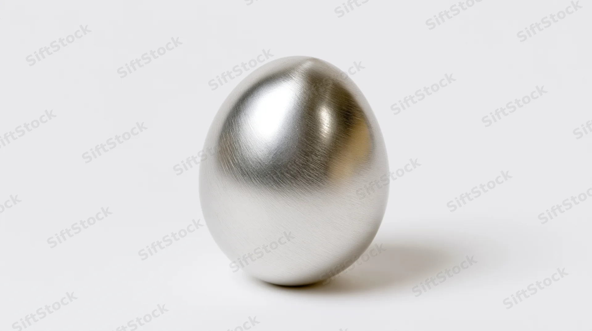Polished silver metallic egg standing upright on white surface