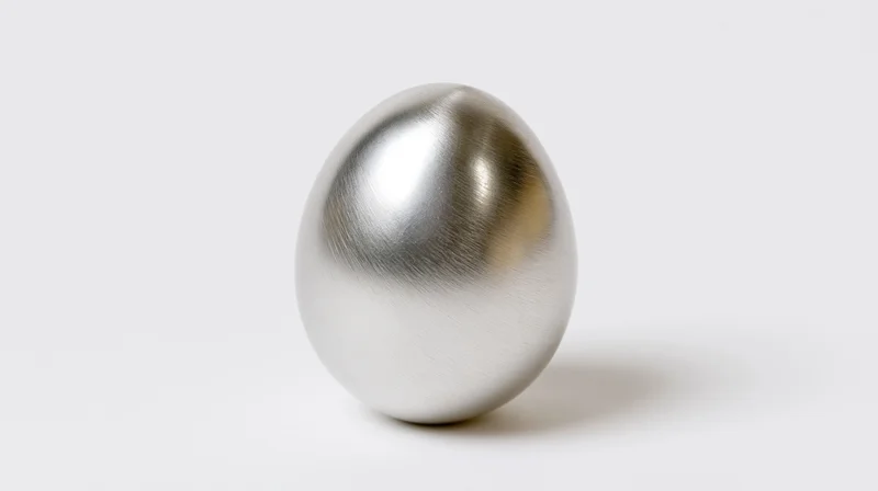 Polished silver metallic egg standing upright on white surface