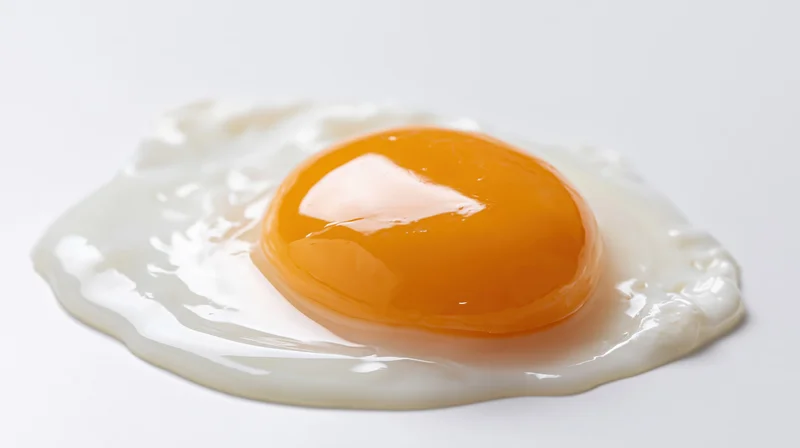 Single raw egg cracked open with bright orange yolk on white surface