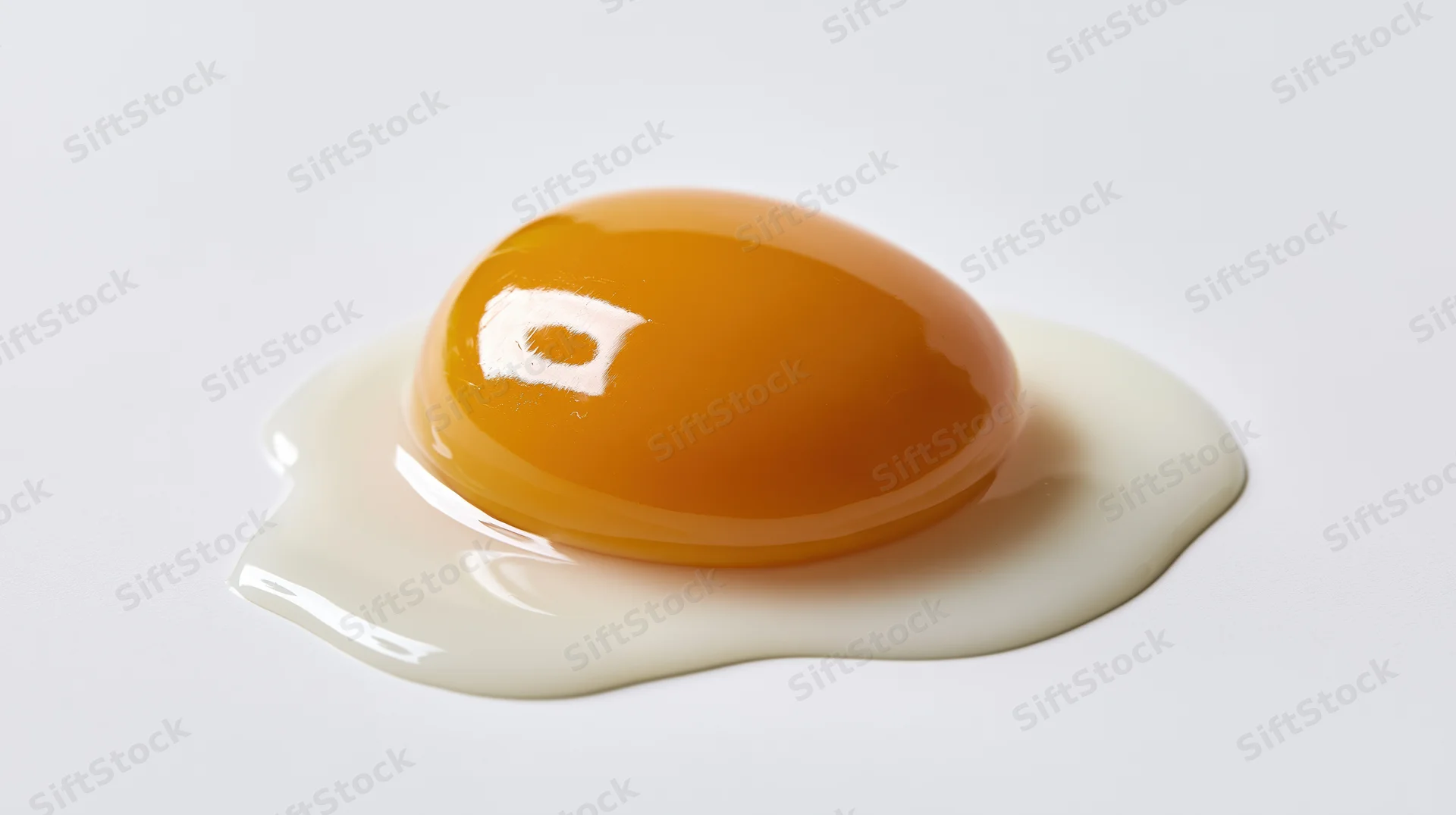 Raw cracked egg with bright orange yolk and spread white on white surface
