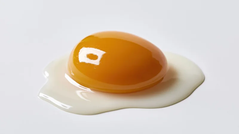Raw cracked egg with bright orange yolk and spread white on white surface