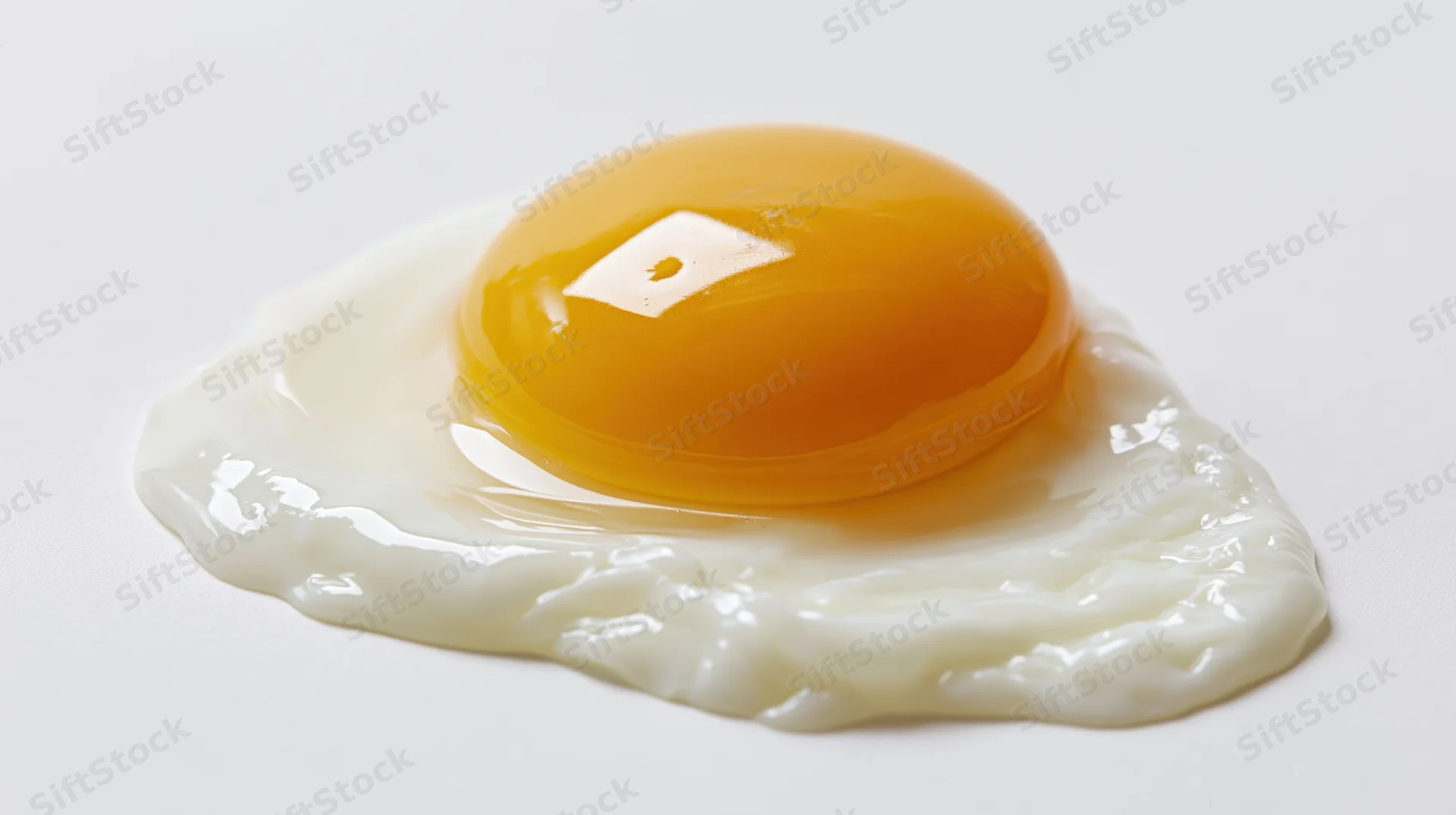 Raw egg with bright orange-yellow yolk lying flat on white surface