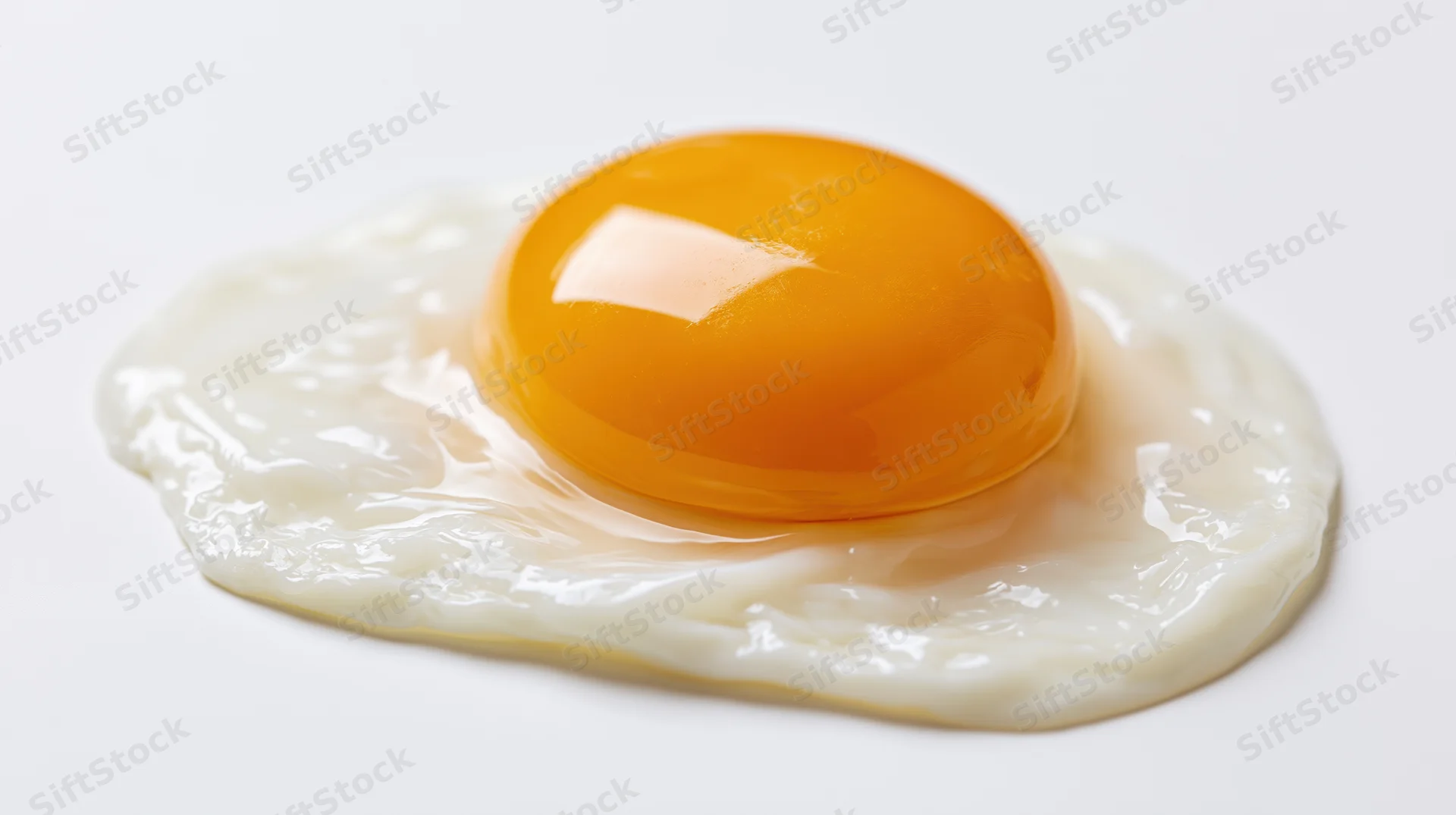 Fried egg with bright orange yolk on white surface