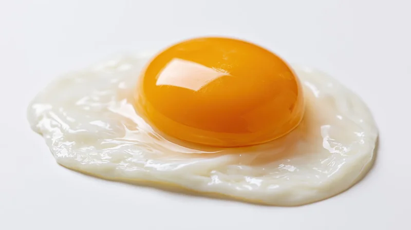 Fried egg with bright orange yolk on white surface