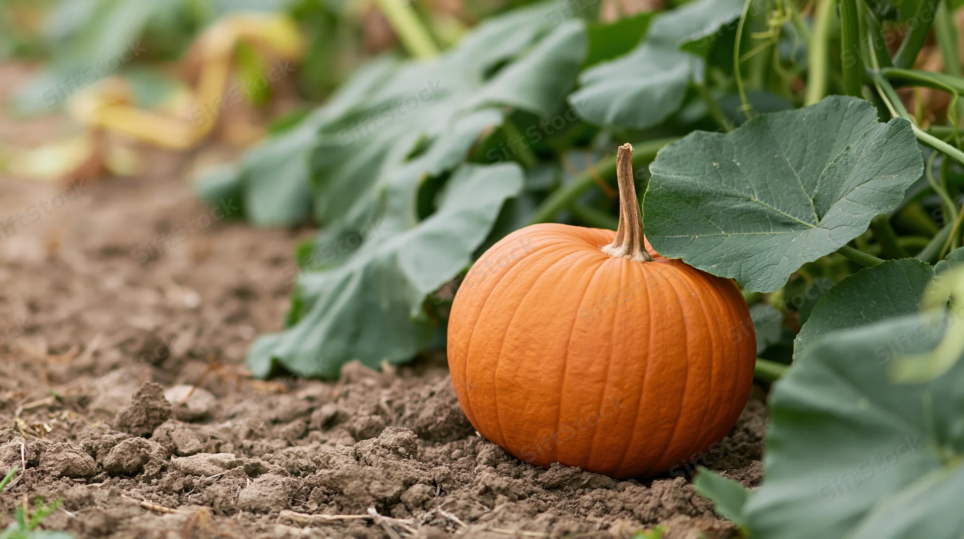 Ripe orange pumpkin resting on bare garden soil beside green leaves and vines