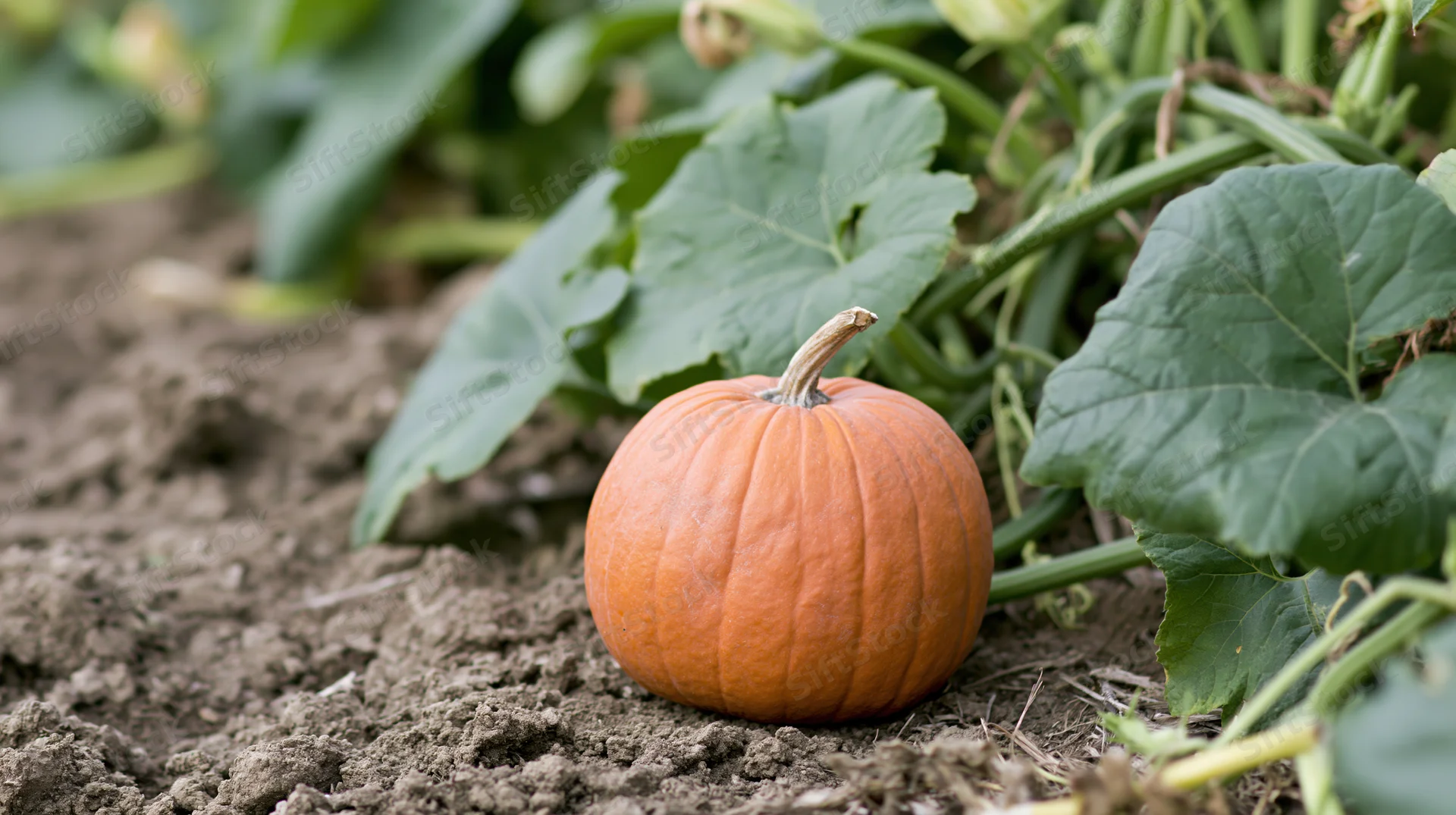 Small orange pumpkin resting on bare soil among green leaves in a garden