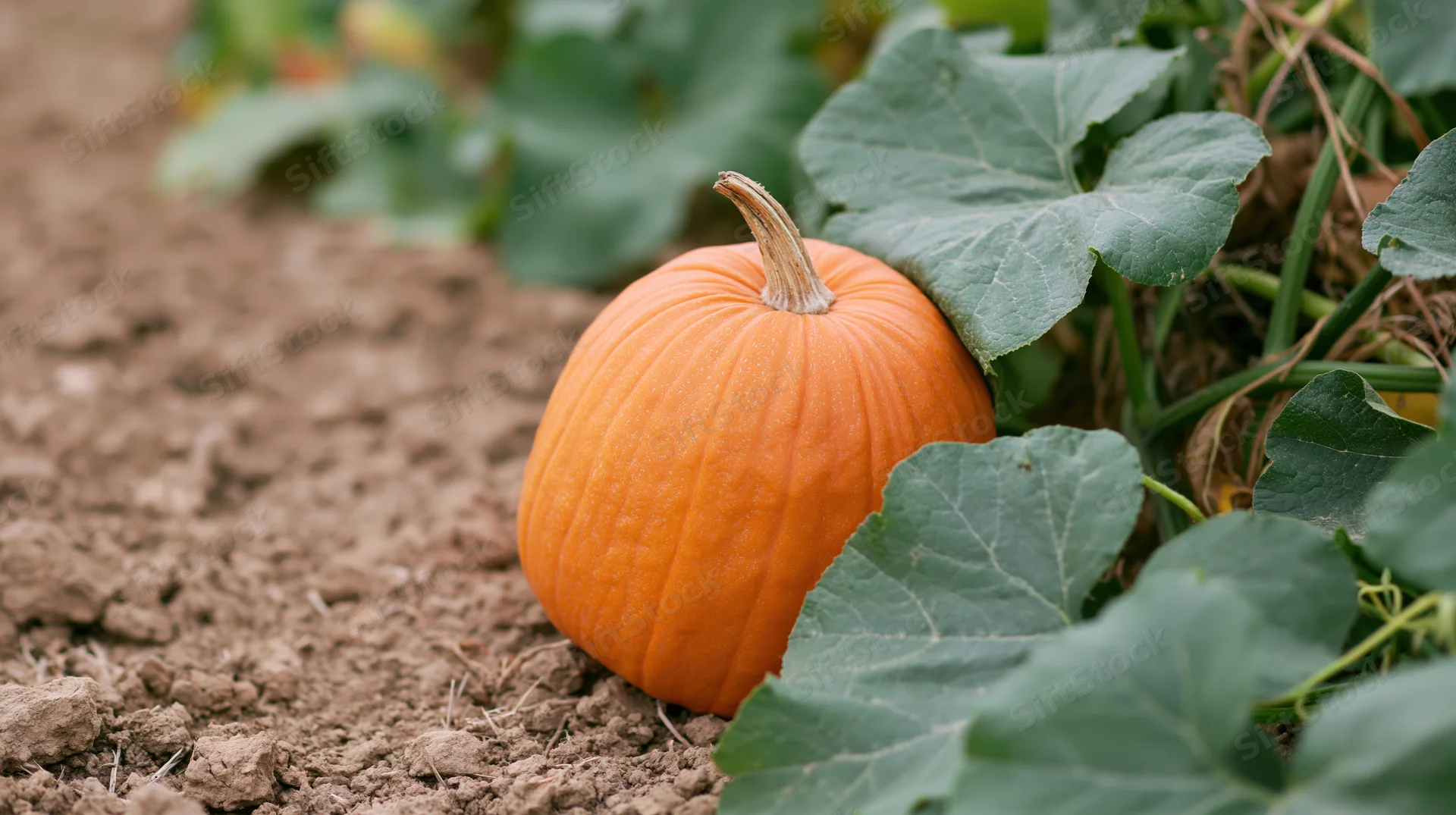 Ripe orange pumpkin resting on bare garden soil beside green leaves and vines