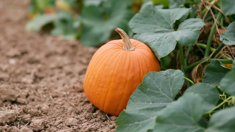 Ripe orange pumpkin resting on bare garden soil beside green leaves and vines