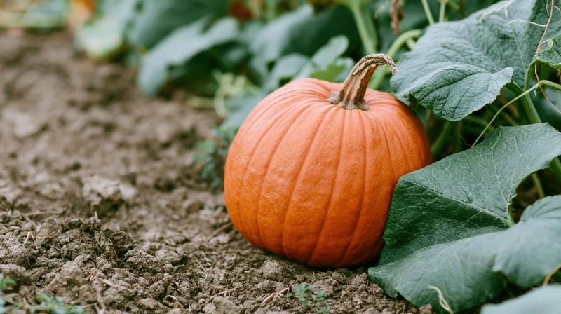 Ripe orange pumpkin resting on bare garden soil beside green leaves and vines