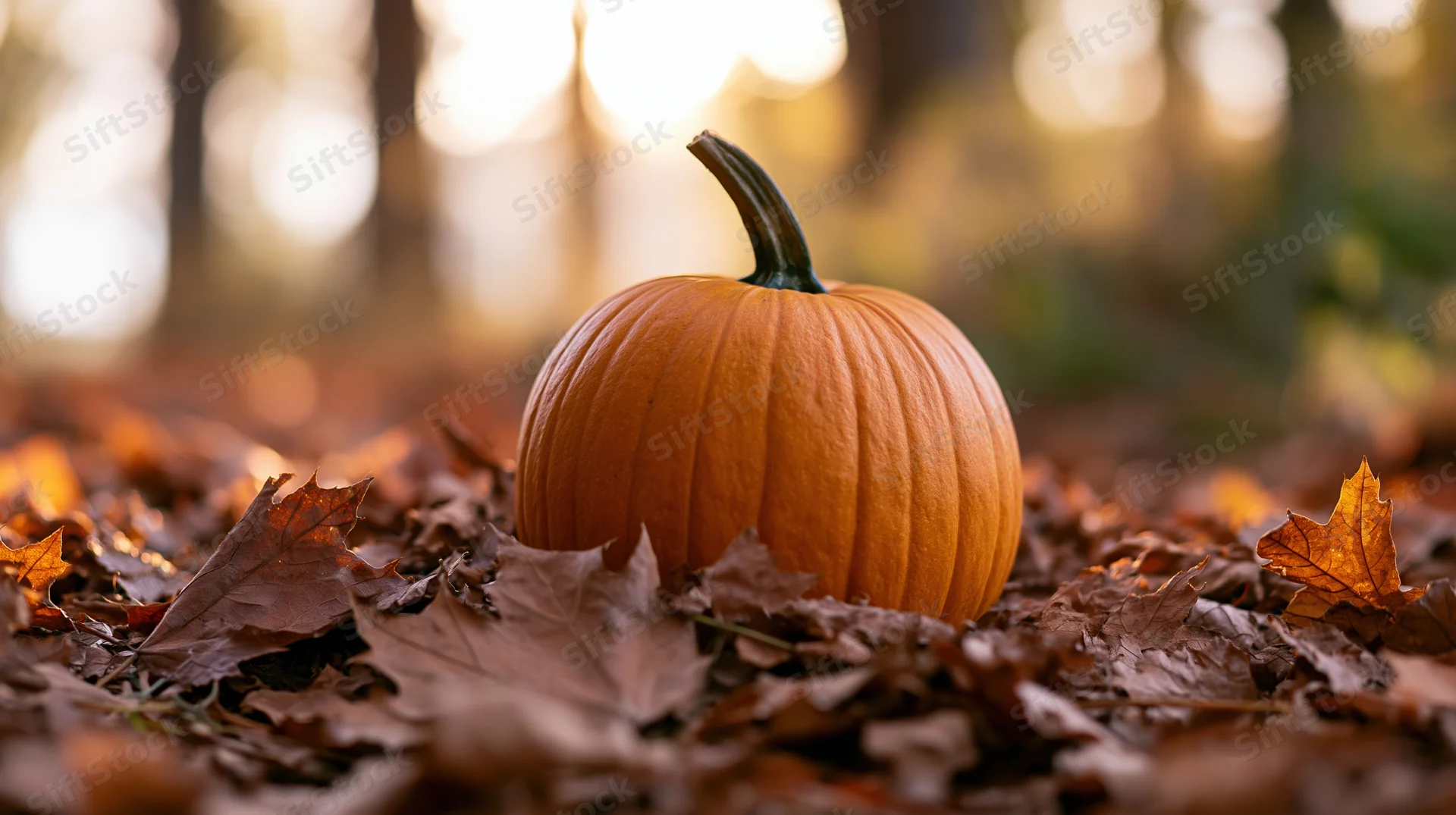 Round orange pumpkin resting on a bed of fallen autumn leaves in a forest setting