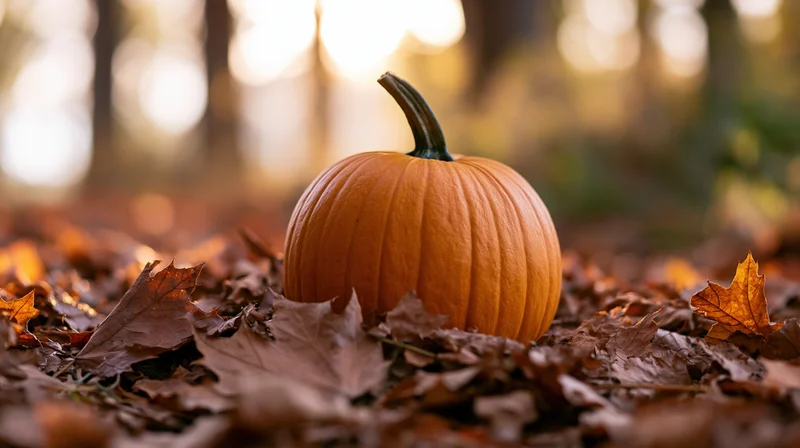 Round orange pumpkin resting on a bed of fallen autumn leaves in a forest setting