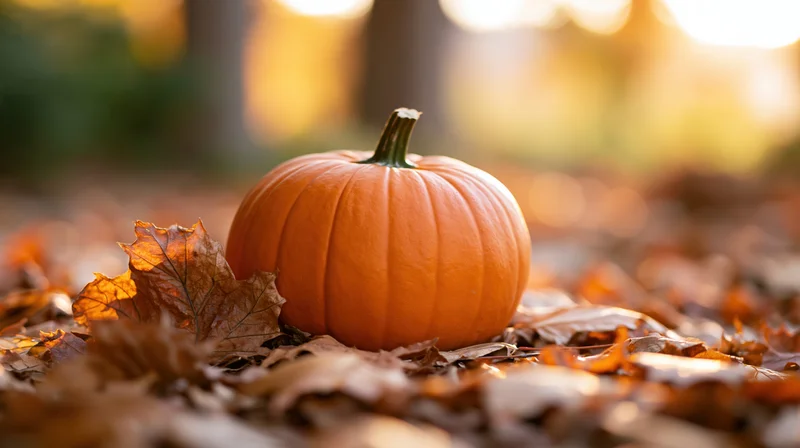 Small orange pumpkin resting on a bed of fallen autumn leaves in a forest clearing