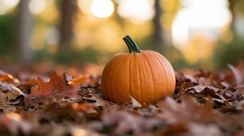 Small orange pumpkin resting among fallen autumn leaves in a sunlit forest clearing