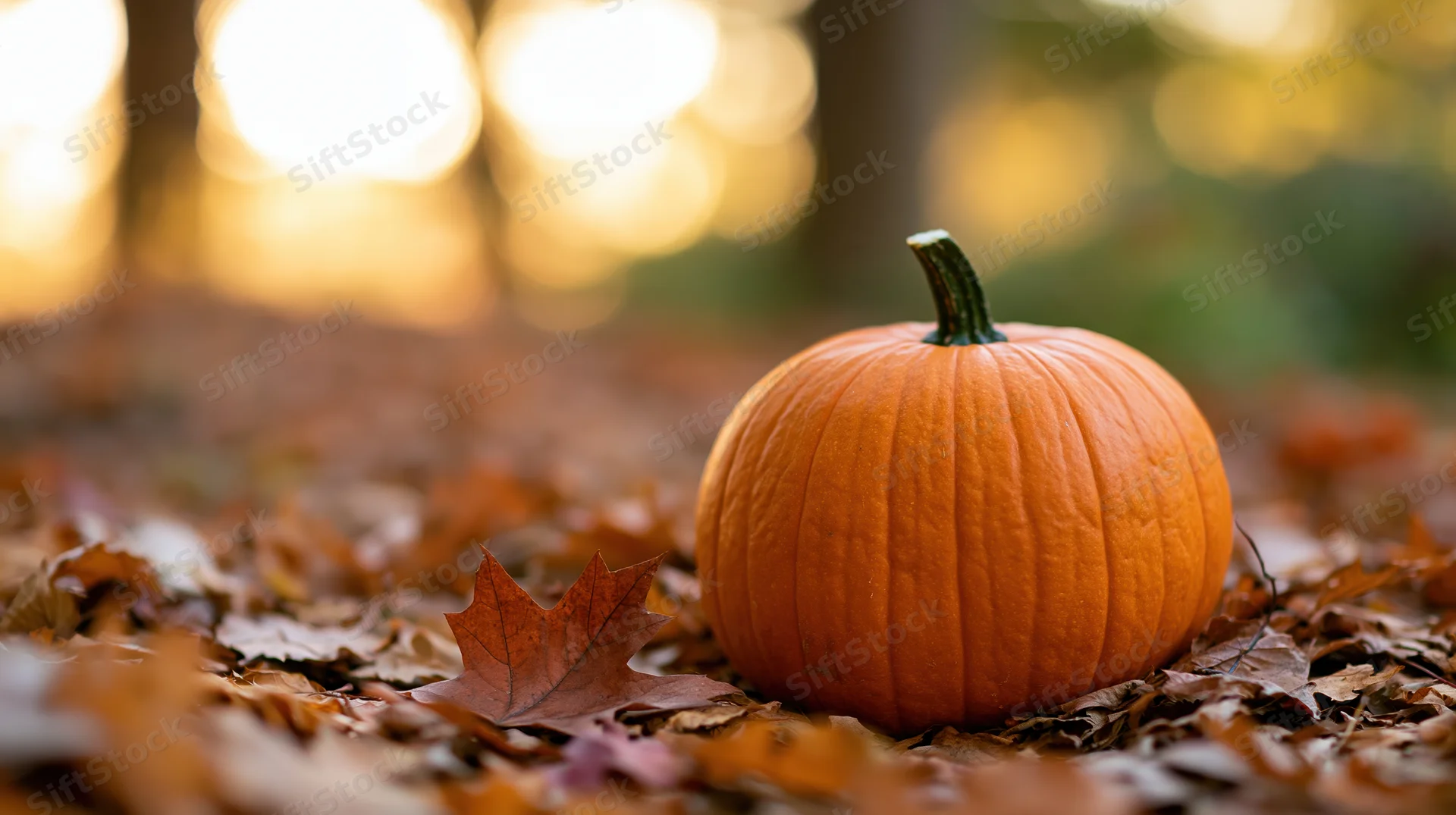 Round orange pumpkin resting on fallen autumn leaves in a forest clearing