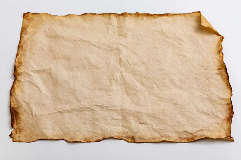 Aged yellowed paper sheet lying flat on white surface with crumpled texture and burnt edges