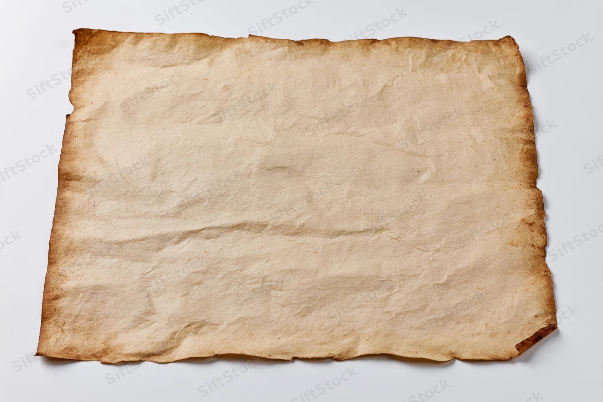 Aged parchment paper lying flat on white surface with torn edges and crumpled texture