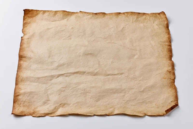 Aged parchment paper lying flat on white surface with torn edges and crumpled texture