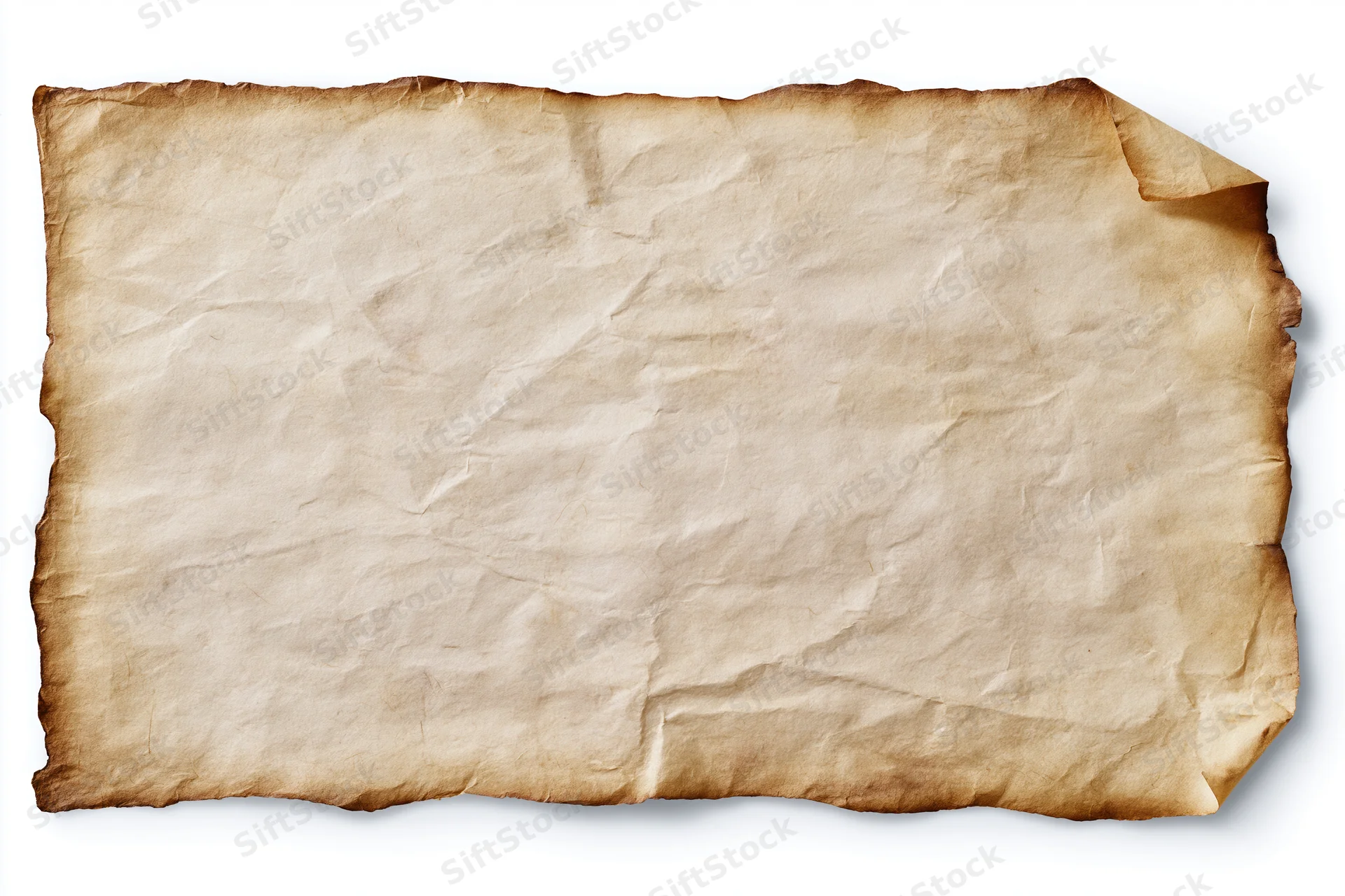 Aged parchment sheet lying flat on white background with crumpled texture and burnt edges