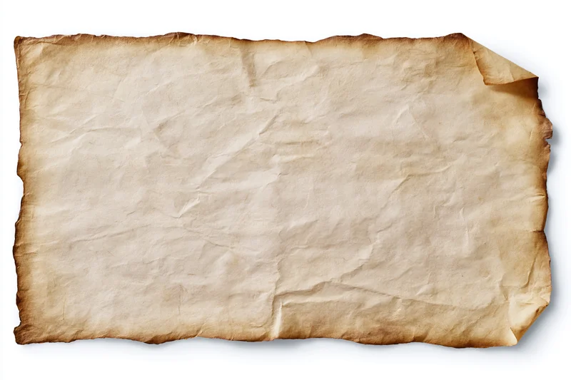 Aged parchment sheet lying flat on white background with crumpled texture and burnt edges