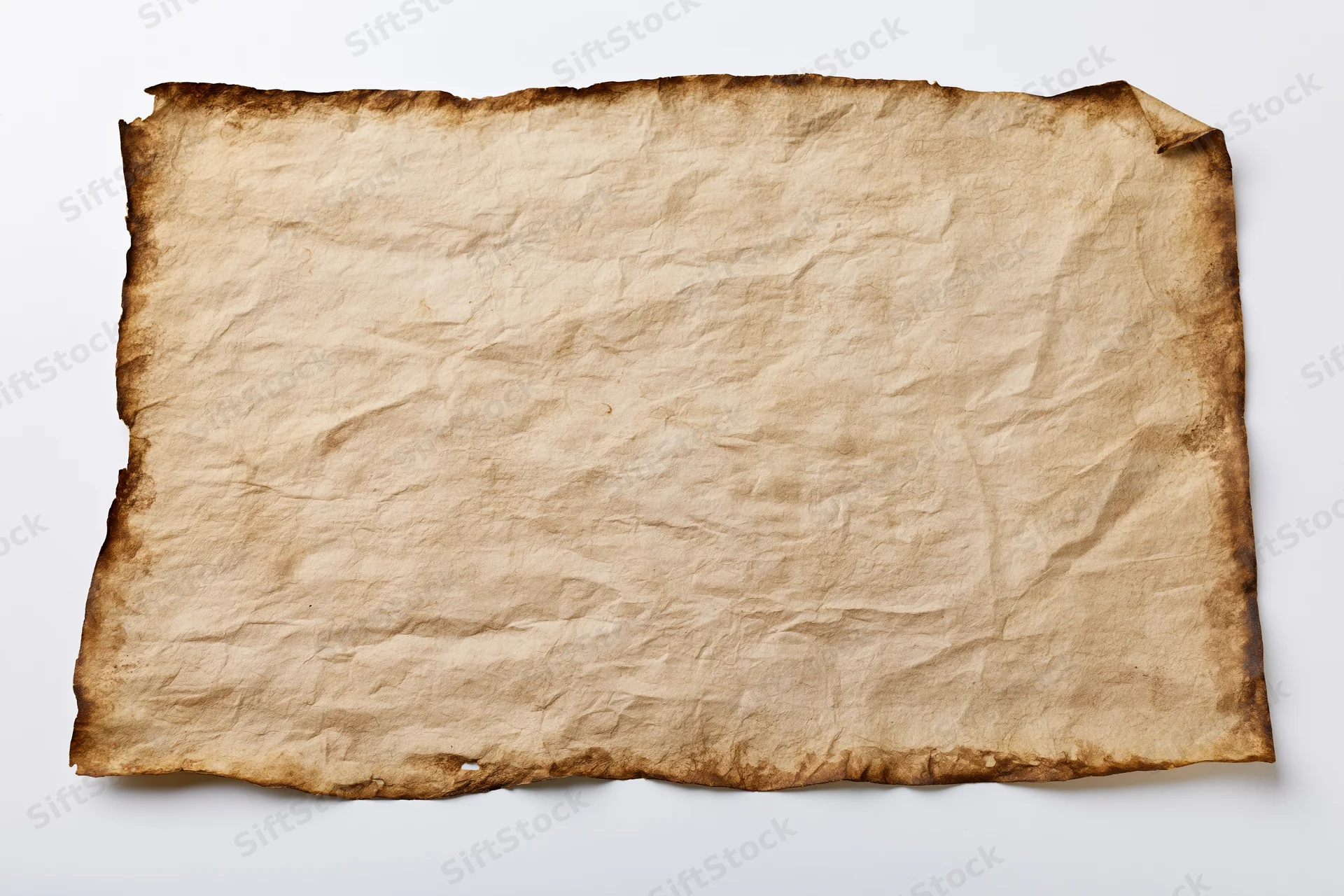 Aged parchment paper lying flat on white surface with crumpled texture and burnt edges
