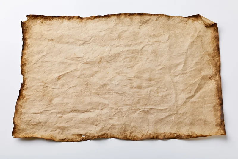 Aged parchment paper lying flat on white surface with crumpled texture and burnt edges