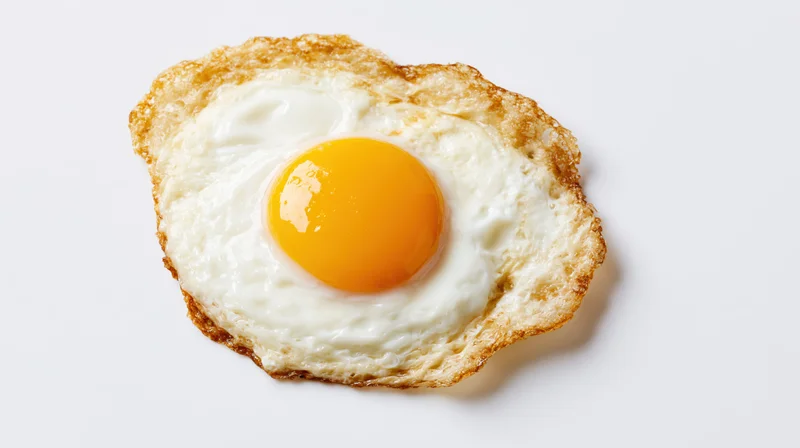 Sunny-side-up fried egg centered on a plain white surface