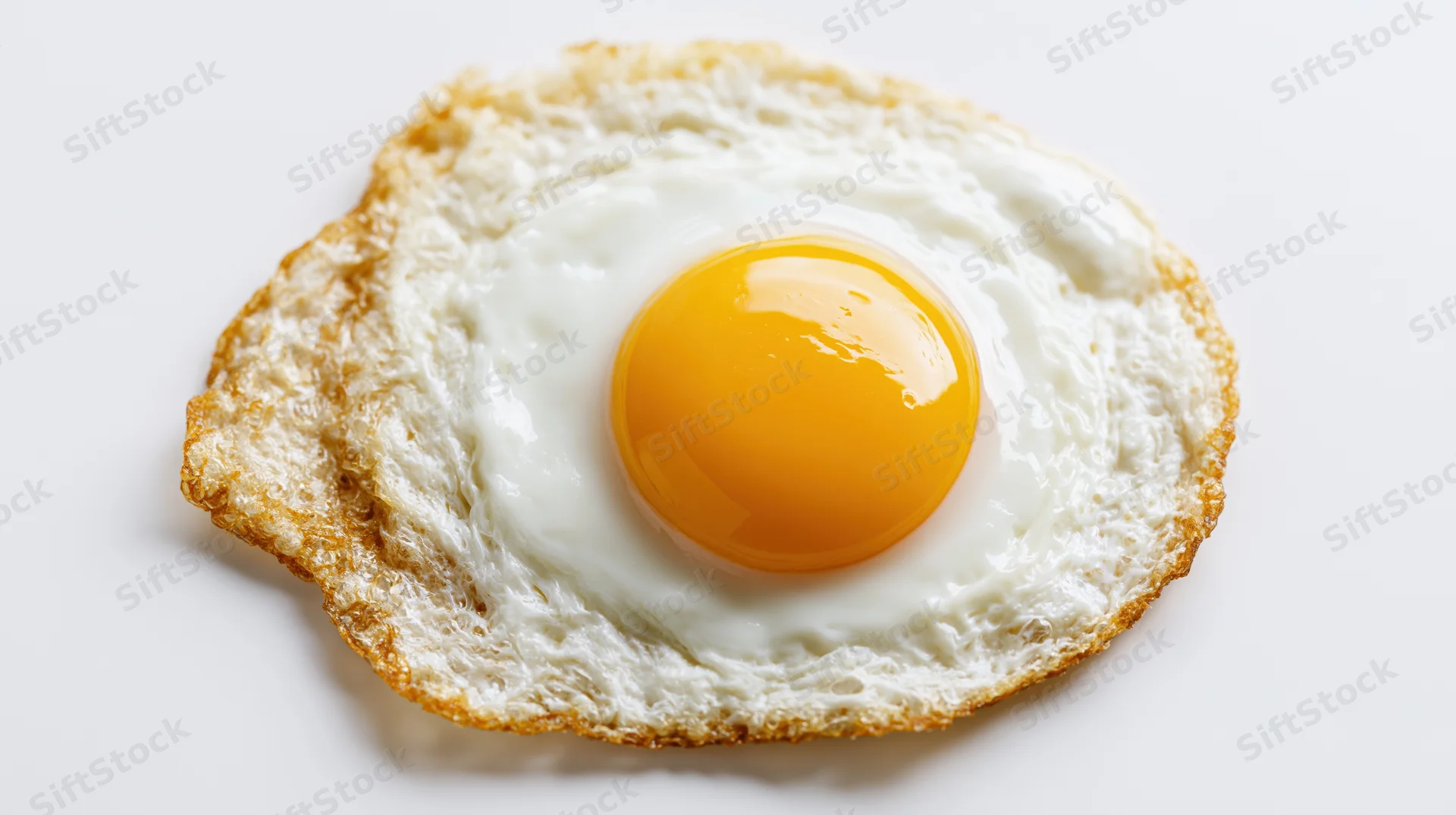 Sunny-side-up fried egg centered on a white surface