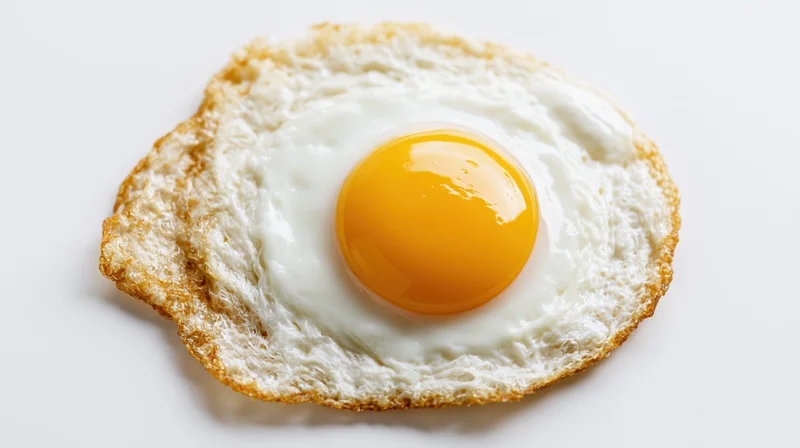Sunny-side-up fried egg centered on a white surface
