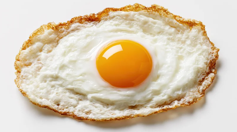 Sunny-side-up fried egg with runny yolk and crispy edges on white background