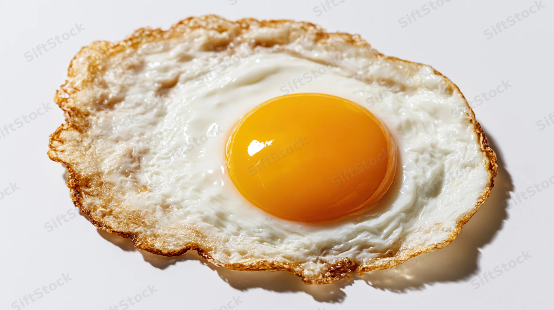 Sunny-side-up fried egg on white surface with shadow and glossy yolk
