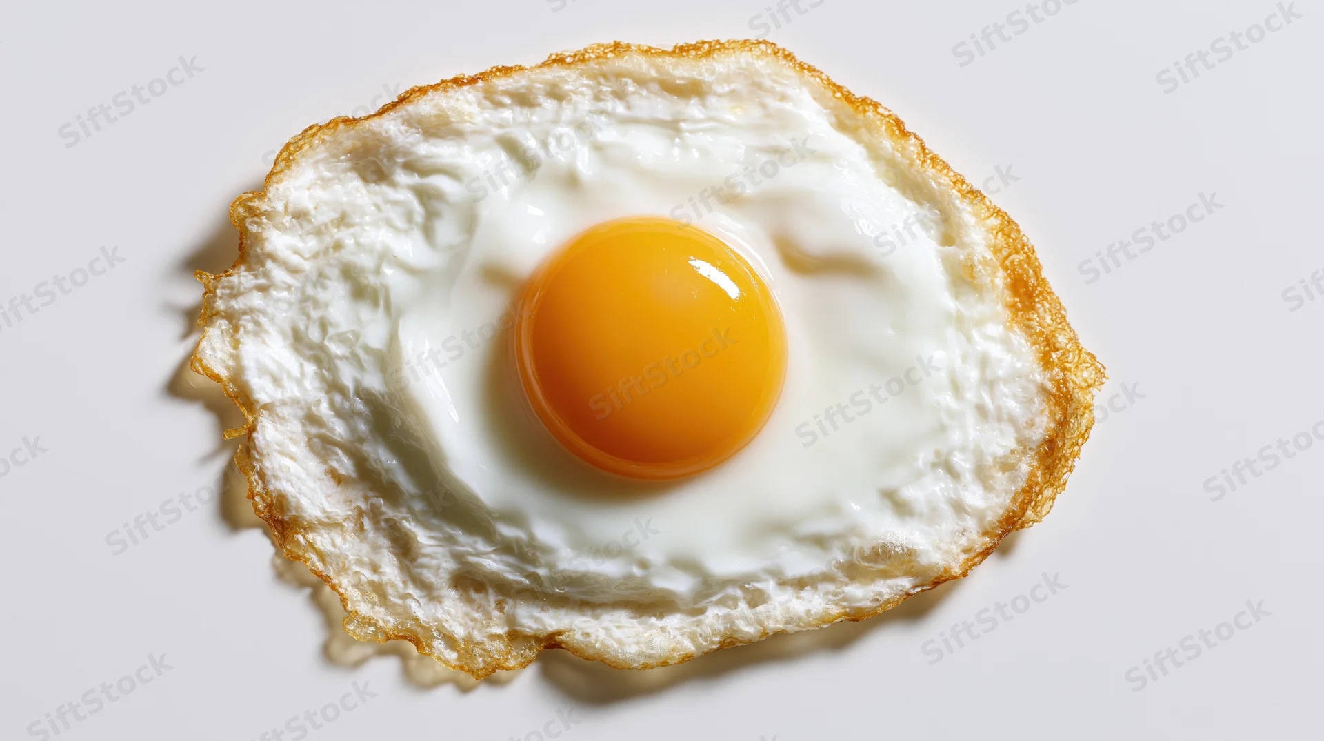 Sunny-side-up fried egg on plain white surface, top view, closeup