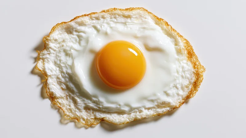 Sunny-side-up fried egg on plain white surface, top view, closeup