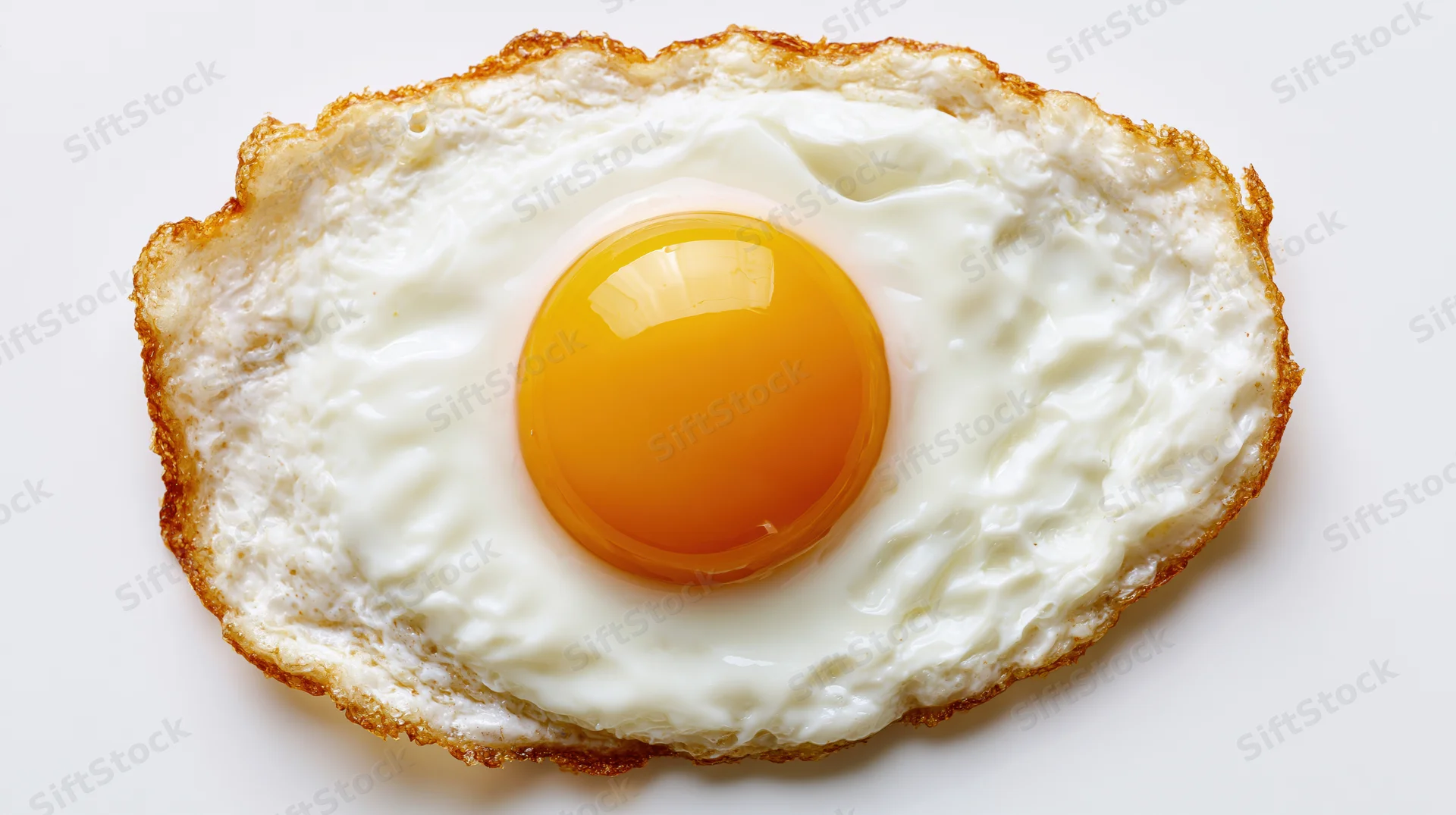 Sunny-side-up fried egg on white background with runny yolk and crispy edges