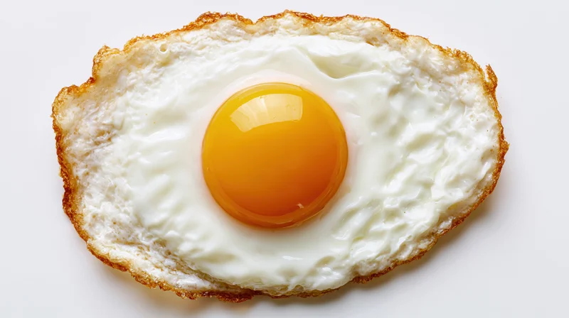 Sunny-side-up fried egg on white background with runny yolk and crispy edges