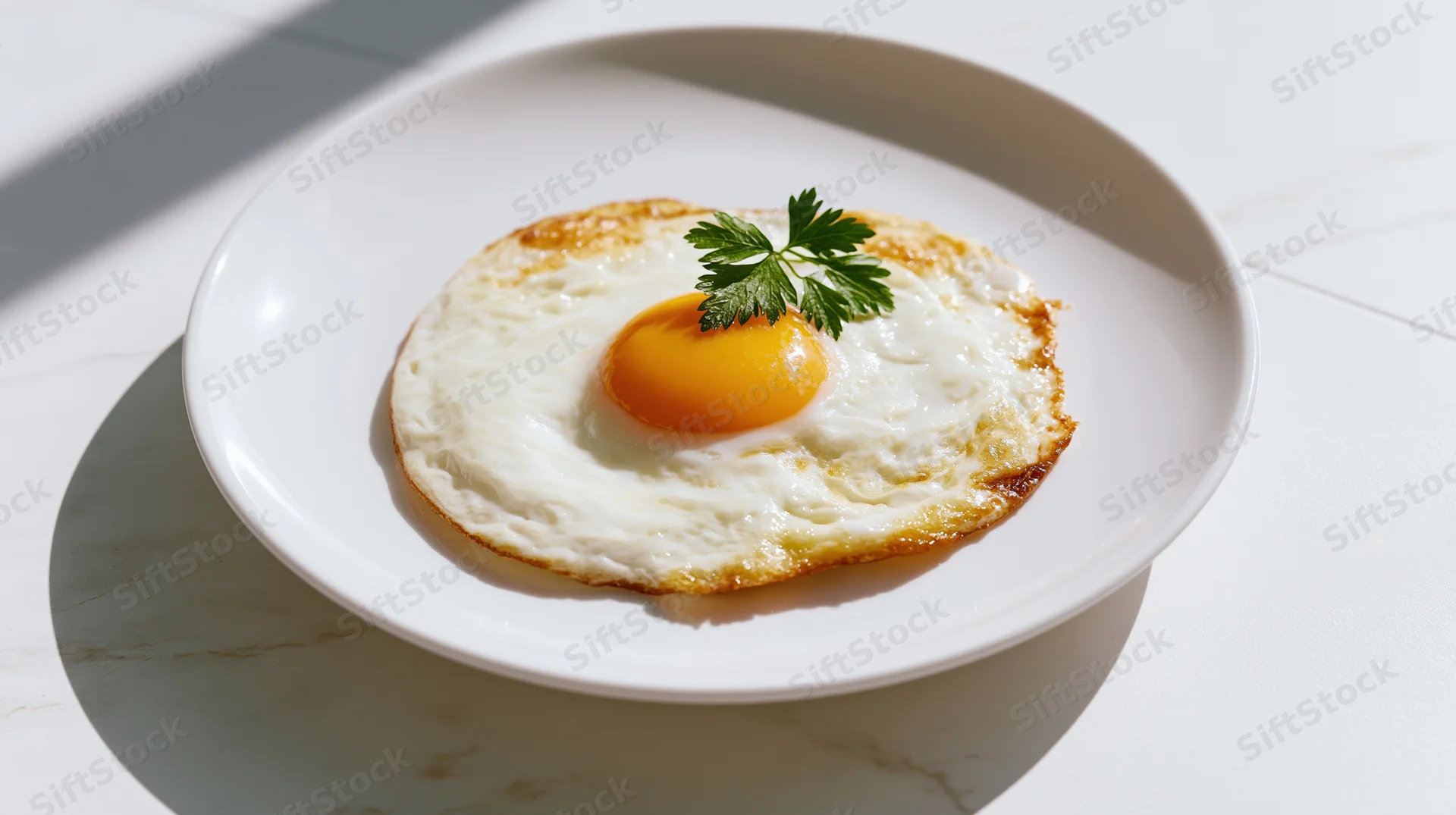 Sunny-side-up fried egg on a white ceramic plate with parsley garnish on a marble surface